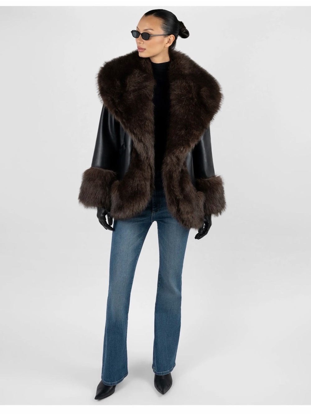 WeWoreWhat Black Leather Jacket with Dark Brown Fur Trim
